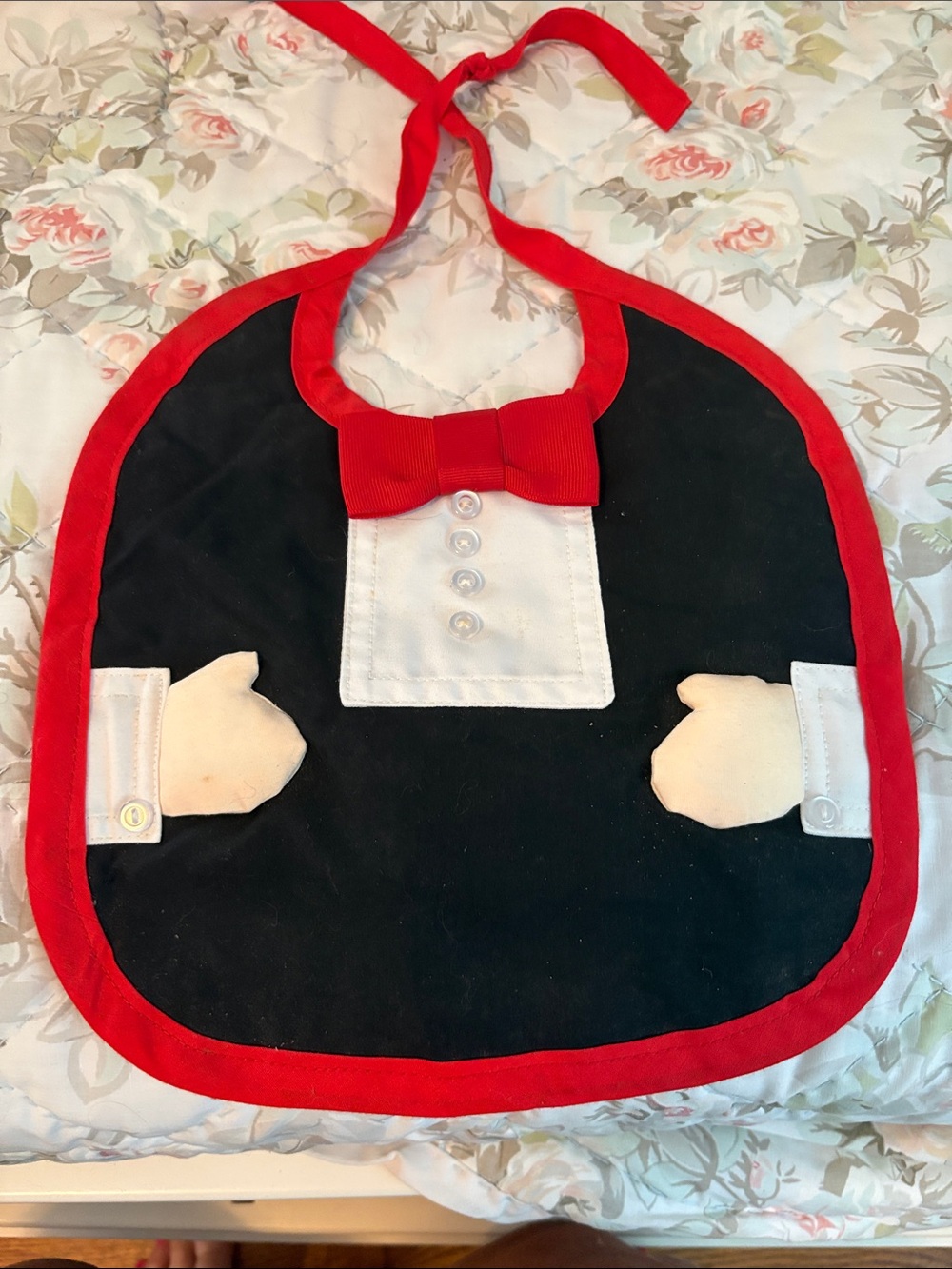 Handmade in the 80’sTuxedo-Style Baby Bib with Red Trim and Bow